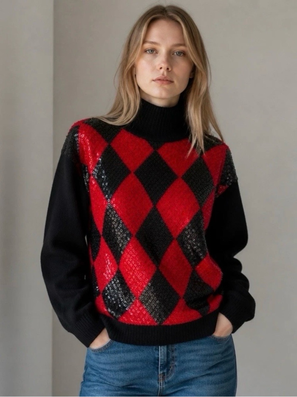 Vintage IB Diffusion Sequin Argyle Mock Neck Sweater Small maximalism